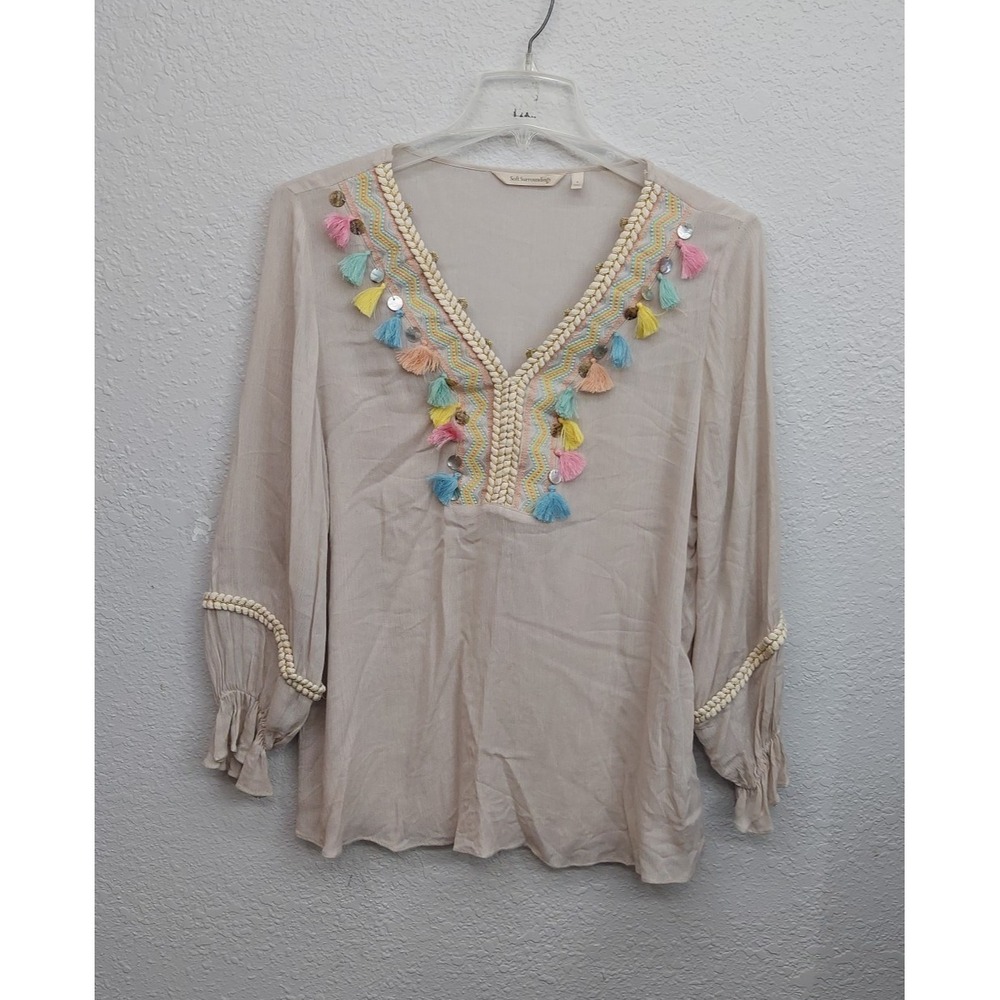 Soft Surroundings Top Women Large Beige Colorful Tassels Boho V Neck‎ Clementine